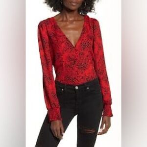 Leith Blouse Red Black Smocked Button Front Red V-Neck Women's Top